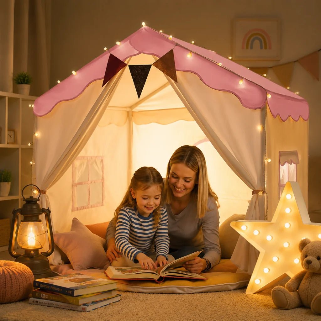 Kids play tent with padded mat and decorative lights, perfect cozy indoor hideaway for toddlers, featuring a vibrant design and soft, comfortable flooring for imaginative play 0